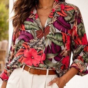 Vintage Functionals Tropical Floral Rayon Button Blouse | Retro Jungle Print Top